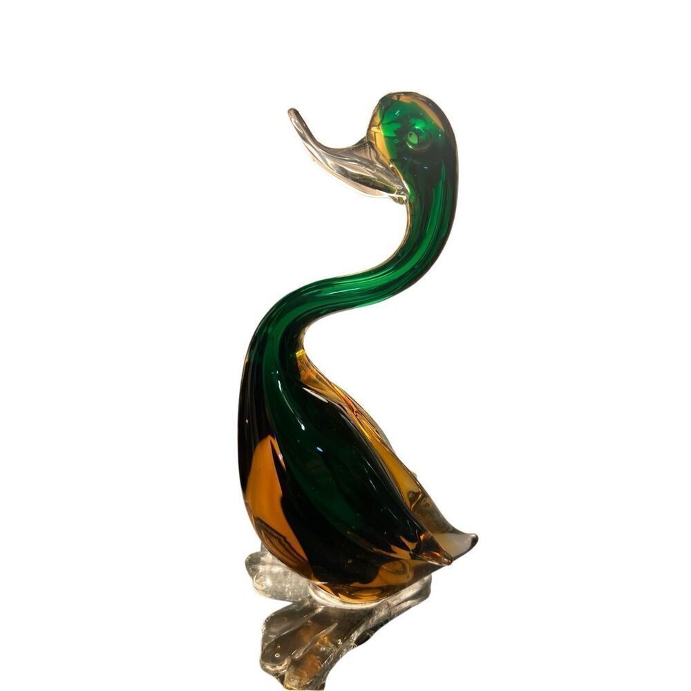 9” Handblown Murano Art Glass Vintage Green & Amber Duck Figurine
